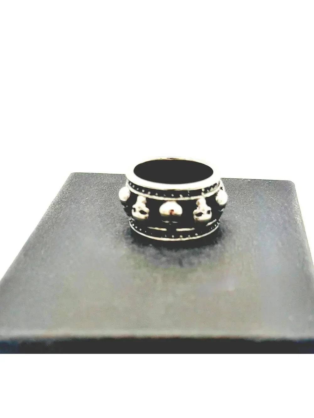 Men's stainless steel with black enamel chunky skull head band ring